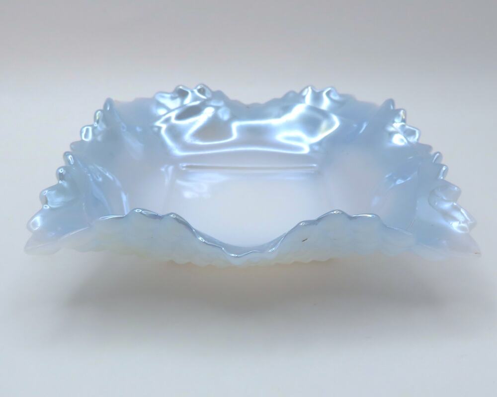 Vintage Blue Opalescent Glass Square Bonbon Dish Ruffled Hobnail Candy Bowl